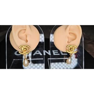 Chanel Classic CC Turnlock and Pearl Drop Earrings 24K Gold Plated